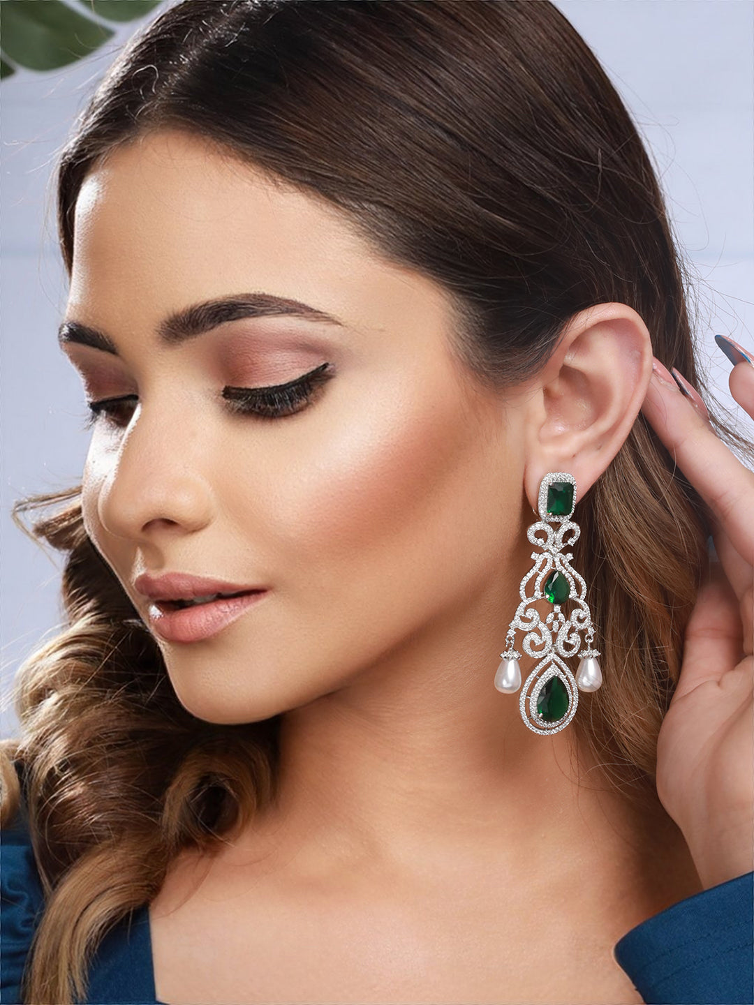 Silver Toned Green  Zircon Pearl Beaded Statement Chandelier Earrings